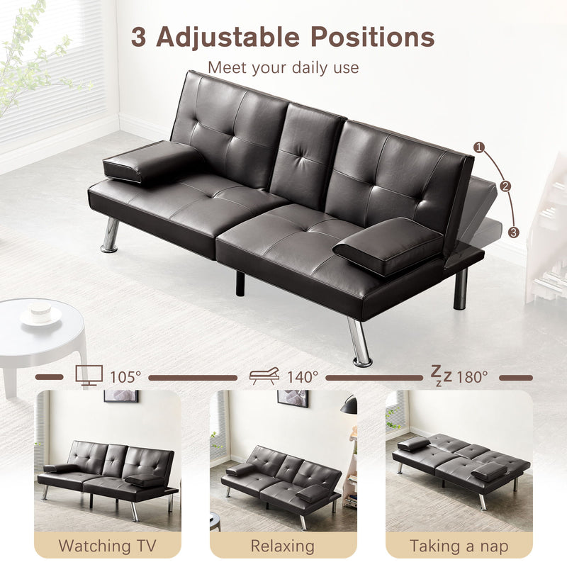 Sofa Bed, Loveseat Futon Sofa Bed With Removable Armrests, Adjustable Reliner Guest Bed Daybed For Small Space, Cup Holders, 3 Angles