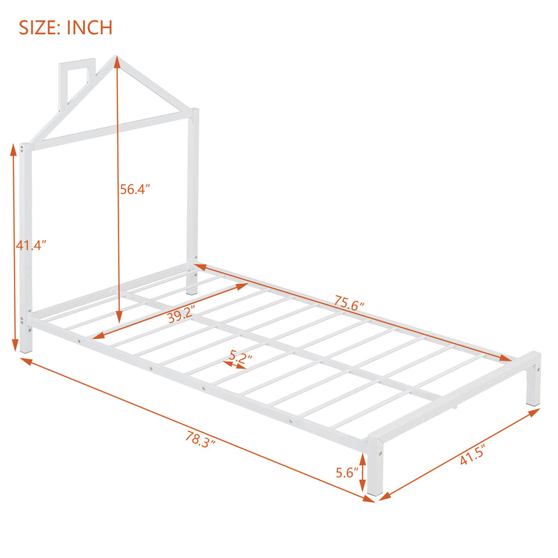 Twin Size Metal Platform Bed with House-Shaped Headboard Design, White