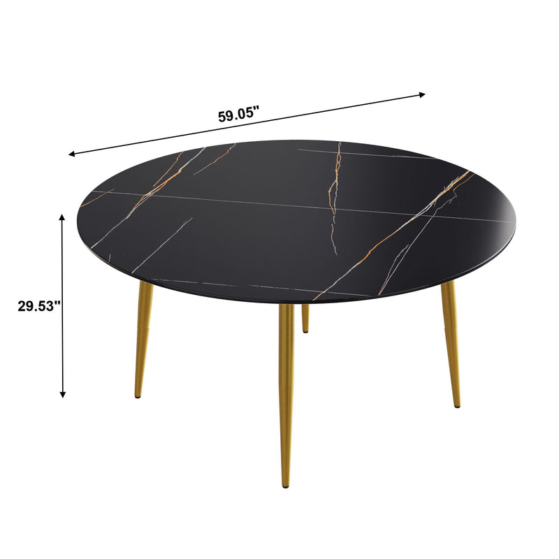 Modern Man-Made Stone Round Metal Dining Table-Position For 6 People - Black