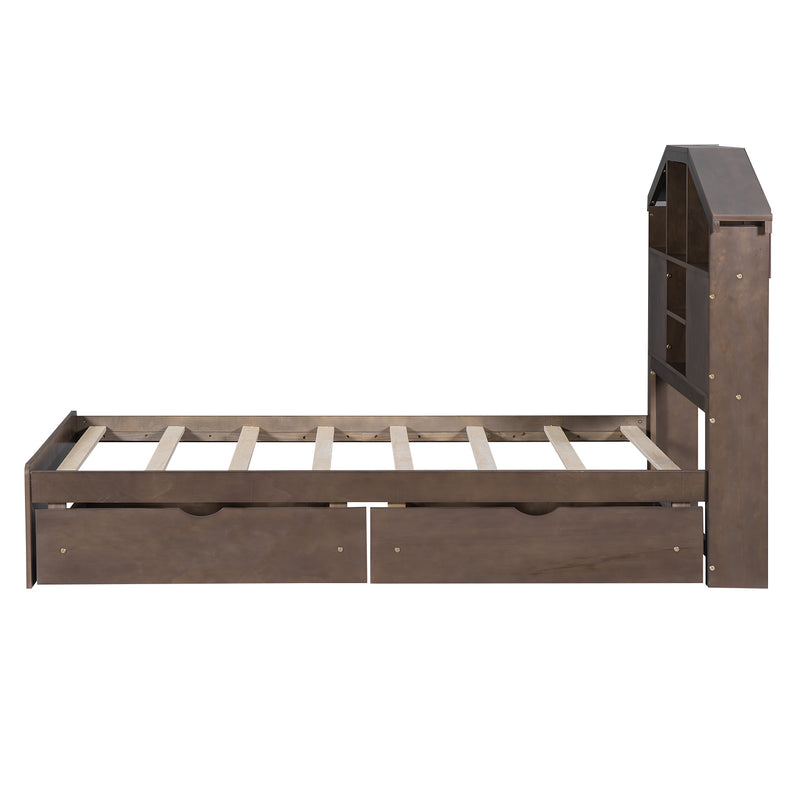 Twin Size Wood Platform Bed with House-shaped Storage Headboard and 2 Drawers, Walnut