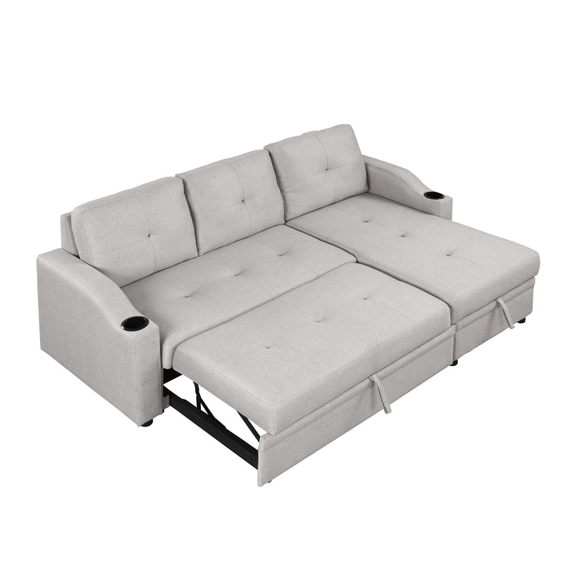 Pull Out Sofa Bed Modern Padded Upholstered Sofa Bed, Linen Fabric 3 Seater Couch With Storage Chaise And Cup Holder, Small Couch For Small Spaces