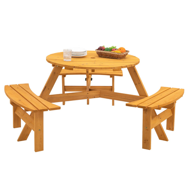 6 Person Circular Outdoor Wooden Picnic Table For Patio, Backyard, Garden, Diy With 3 Built-In Benches, 1720Lb Capacity - Natural