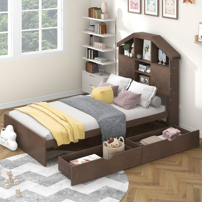 Twin Size Wood Platform Bed with House-shaped Storage Headboard and 2 Drawers, Walnut