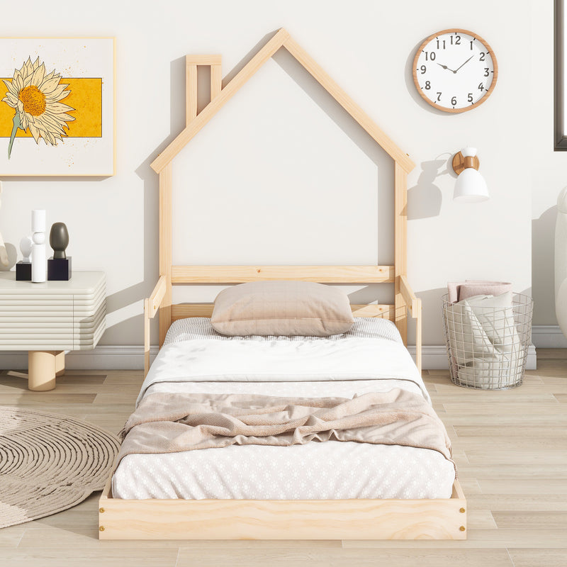 Twin House-Shaped Headboard Floor Bed with Handrails ,slats ,Natural