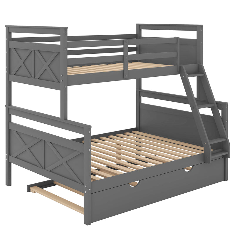 Twin over Full Bunk Bed with Ladder, Twin Size Trundle, Safety Guardrail, Gray