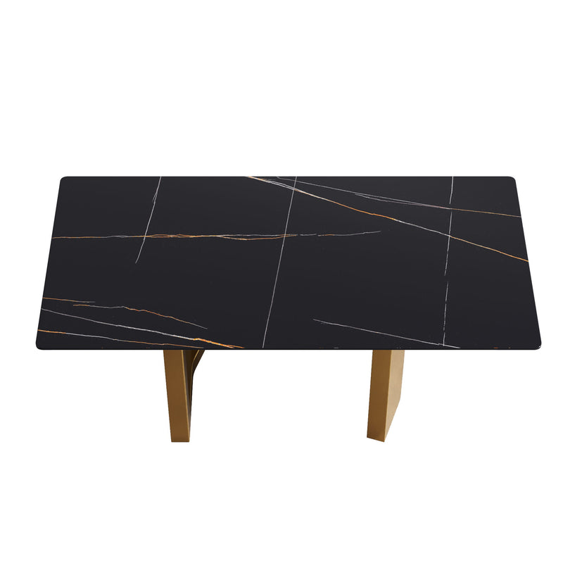 70.87" Modern Artificial Stone Black Straight Edge Golden Metal Leg Dining Table, Can Accommodate 6-8 People - Black / Gold