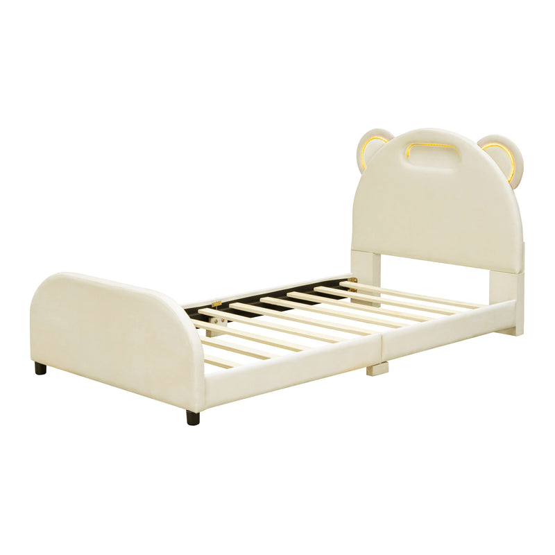 Twin Size Upholstered Platform Bed with Bear-Shaped Headboard and Embedded Light Stripe, Velvet, Beige