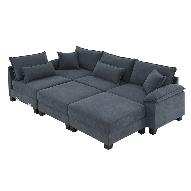 Corduroy Modular Sectional Sofa, U Shaped Couch With Armrest Bags, 6 Seat Freely Combinable Sofa Bed, Comfortable And Spacious Indoor Furniture For Living Room - Gray