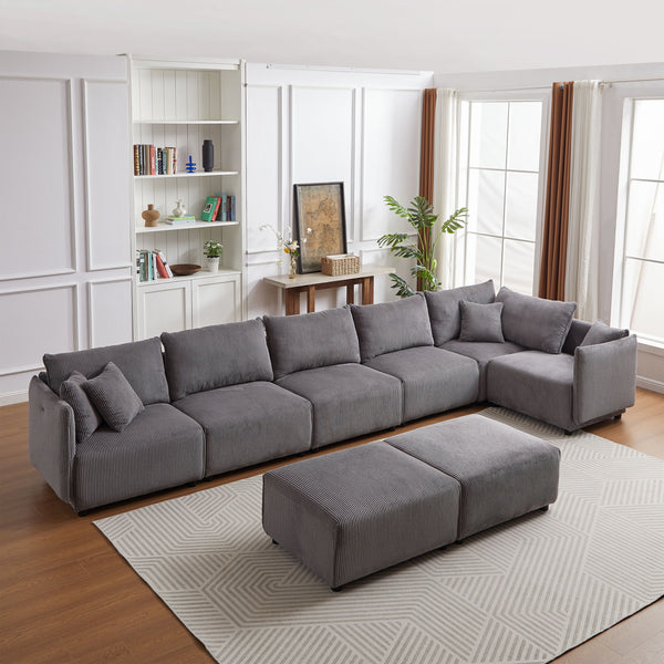 Multi-Module Combination Style Sofa For Living Room, Bedroom And Other Lounge Spaces, Modern Minimalist Corduroy Combination Sofa With 2 Comfort Cushions With USB & C Charging Ports, Two Sets - Gray