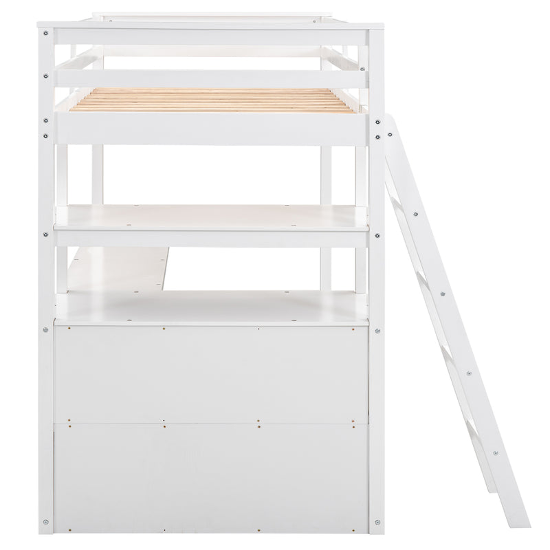 Twin Size Loft Bed with Desk and Shelves, Two Built-in Drawers, White(Old SKU: GX000423AAK)