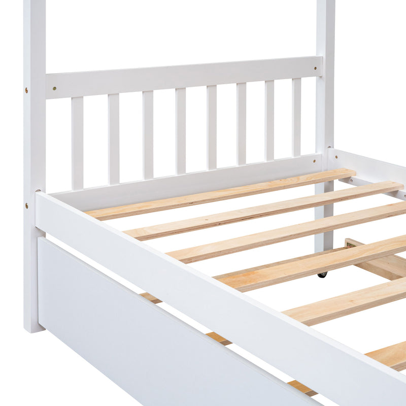 Twin Size Wooden House Bed With Twin Size Trundle - White