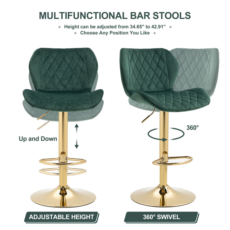 Velvet Adjustable Swivel Bar Stools (Set of 2) Modern Counter Height Barstools With Golden Color Base