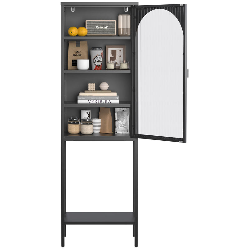 Metal Glass Door Display Storage Cabinet, 5 Tier Cube Bookshelf Storage Cabinet With 3 Adjustable Shelves For Kitchen, Dining Room, Living Room, Bathroom, Home Office - Black