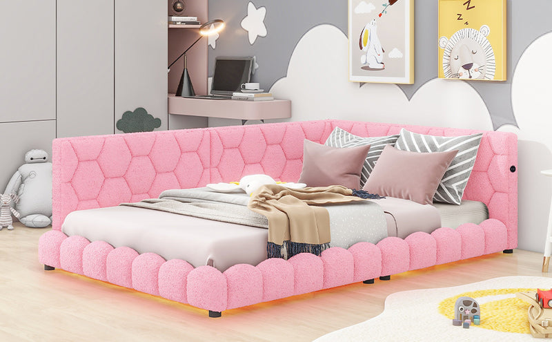 Upholstered Full Size platform bed with USB Ports and LED belt, Pink