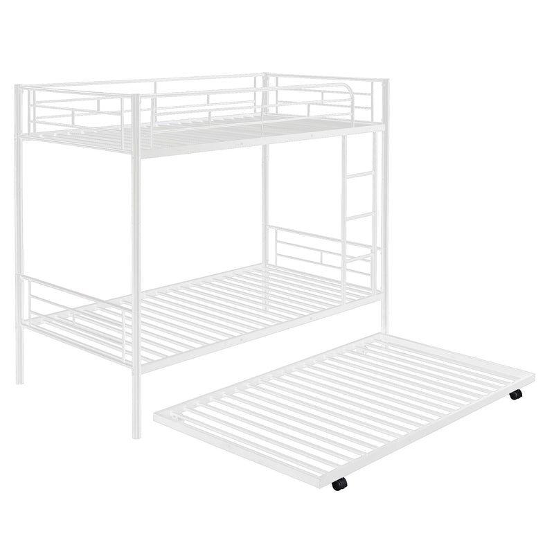 Twin Over Twin Metal Bunk Bed With Trundle (Can Be Divided Into Two Beds), No Box Spring Needed - White