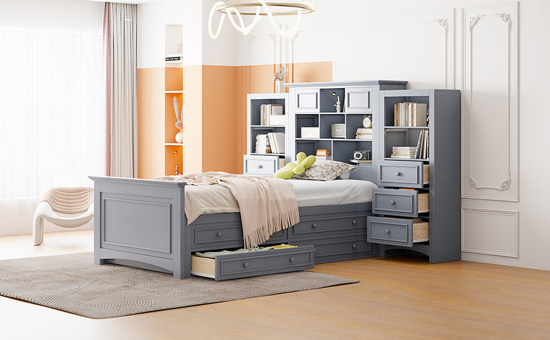 Twin Size Wood Platformbed with Vertical All-in-One Cabinet and 4 Drawers on each side, Gray