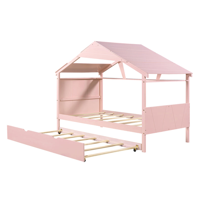 Wood Twin Size House Bed with Trundle and Storage, Pink