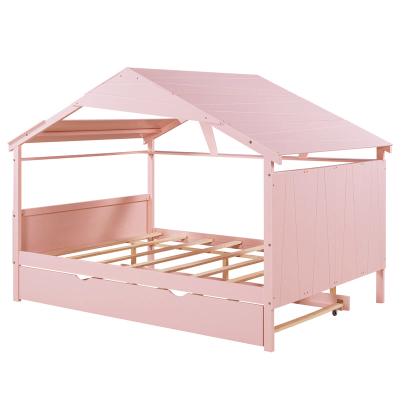 Wood Full Size House Bed with Twin Size Trundle and Storage, Pink