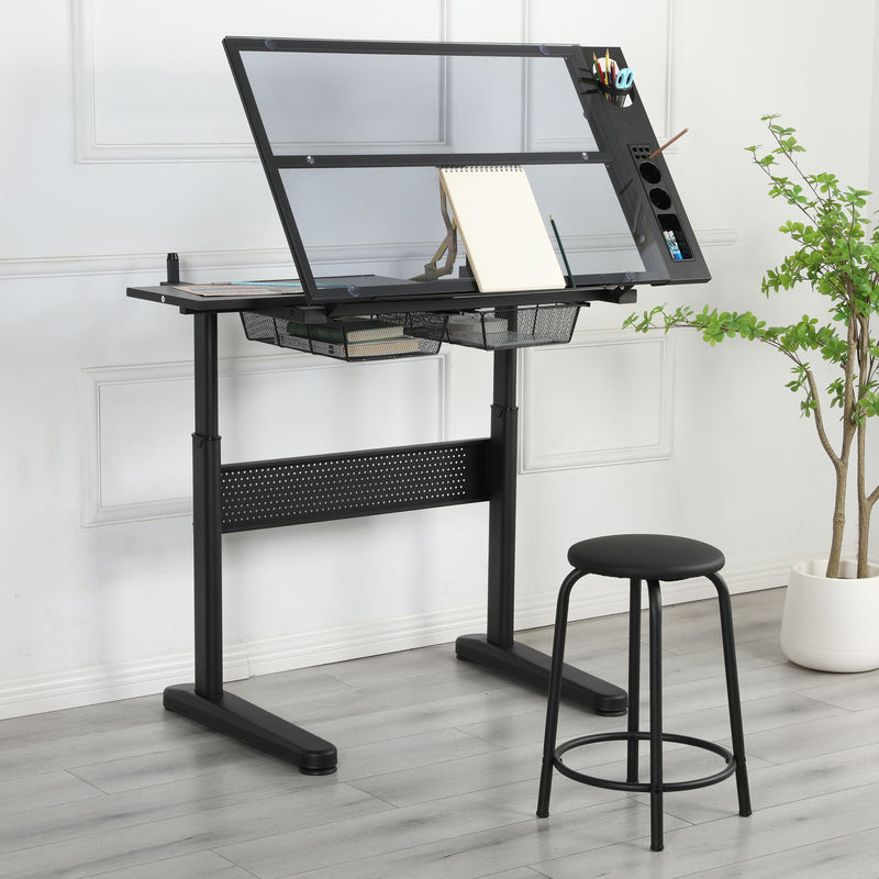 Hand Crank Adjustable Drafting Table Drawing Desk With 2 Metal Drawers With Stool - Black