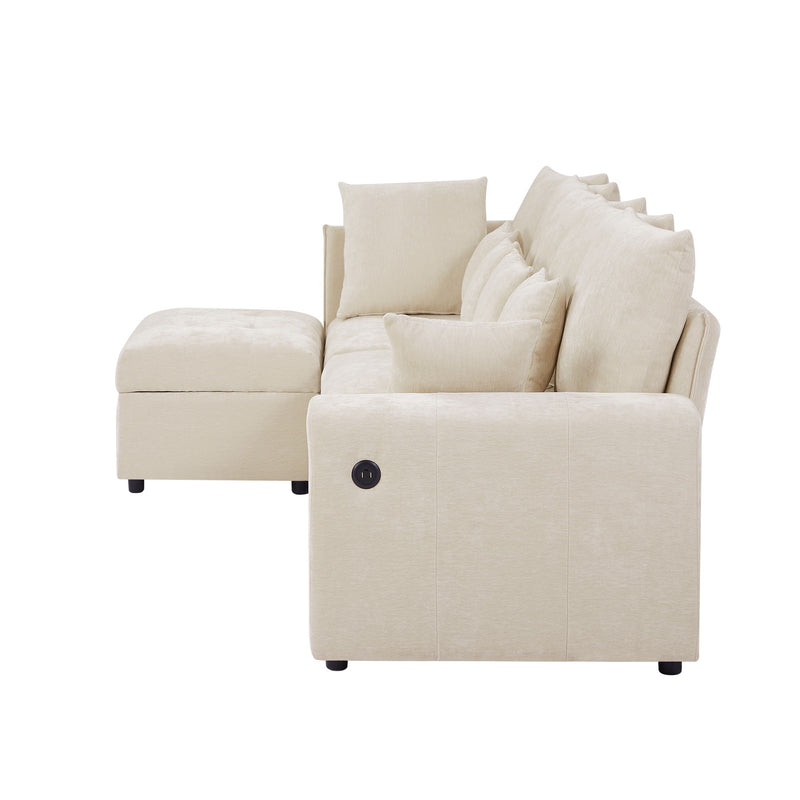 Sectional Sofa Modular Sofa Couch With Three USB Ports, A Removable Storage Ottoman And Five Back Pillows For Living Room