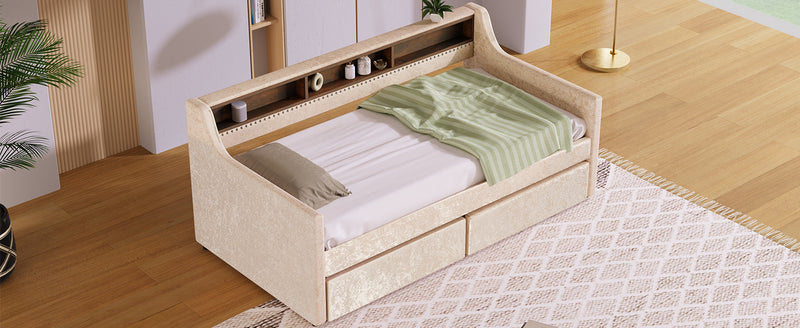 Twin Size Snowflake Velvet Daybed with Two Storage Drawers and Built-in Storage Shelves,Beige