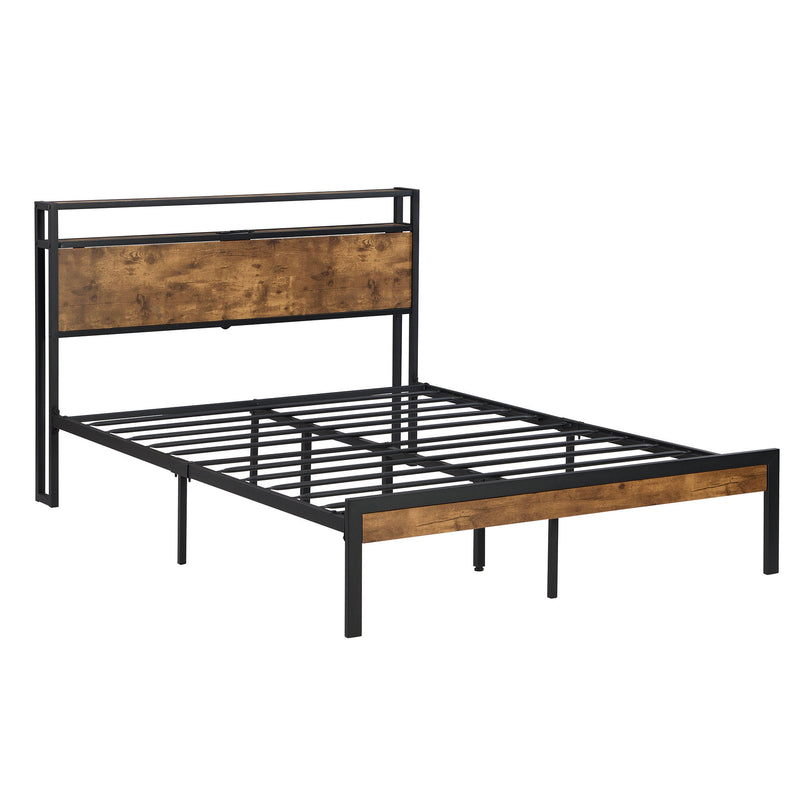 King Size Metal Platform Bed Frame With Wooden Headboard And Footboard With USB Liner, No Box Spring Needed, Large Under Bed Storage - Brown