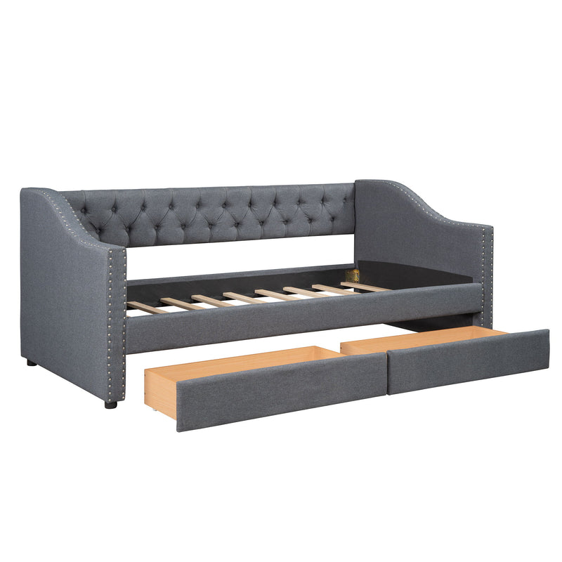 Twin Size Upholstered Daybed With Two Drawers, Wood Slat Support - Gray