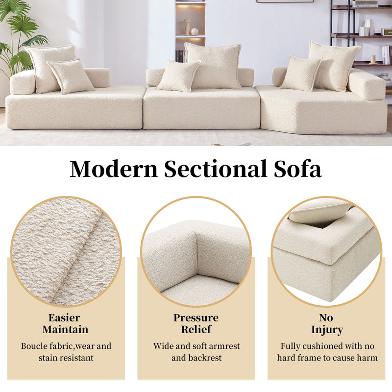 151.5" Oversized Modular Sectional Sofa, Luxury Boucle Floor Couch Set, Convertible Sleeper Couch, Spacious Foam-Filled Sofa Bed For Living Room, 3 Piece Free Combination - Beige