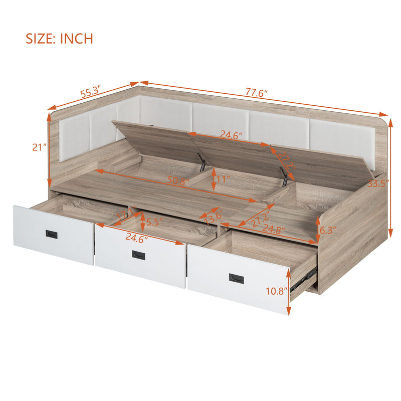 Full Size Daybed With Three Drawers And Three Storage Compartments - Nature / Beige