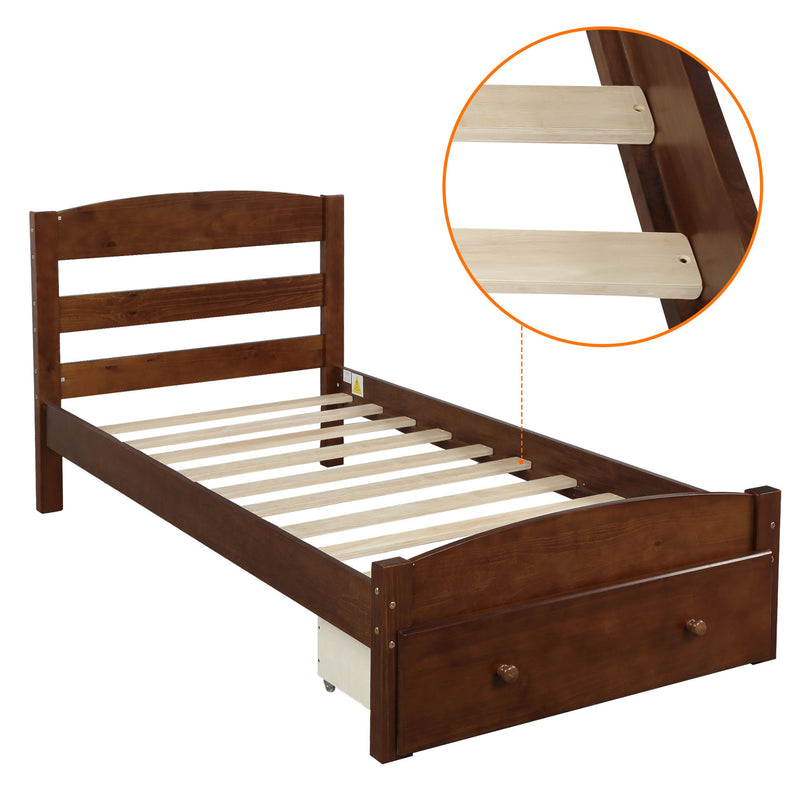 Twin Platform Bed Frame With Storage Drawer And Wood Slat Support No Box Spring Needed Walnut