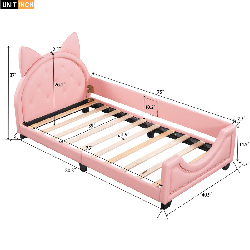 Twin Size Upholstered Daybed with Carton Ears Shaped Headboard, Pink