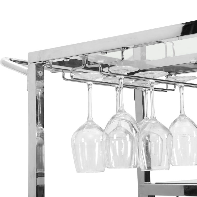 Contemporary Chrome Bar Serving Cart Tempered Glass Metal Frame Wine Storage (Silver) - Silver