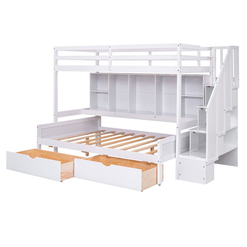 Twin XL over Full Bunk Bed with Built-in Storage Shelves, Drawers and Staircase,White