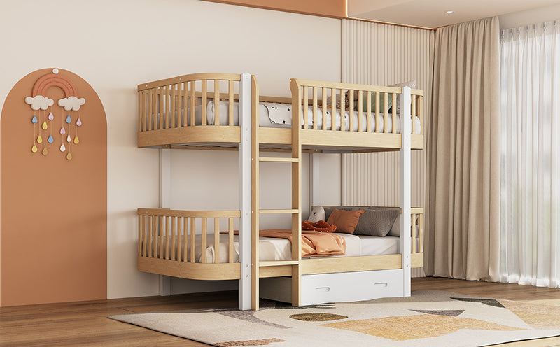 Wood Twin over Twin Bunk Bed with Fence Guardrail and a Big Drawer, Natural White