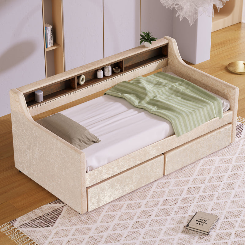 Twin Size Snowflake Velvet Daybed with Two Storage Drawers and Built-in Storage Shelves,Beige