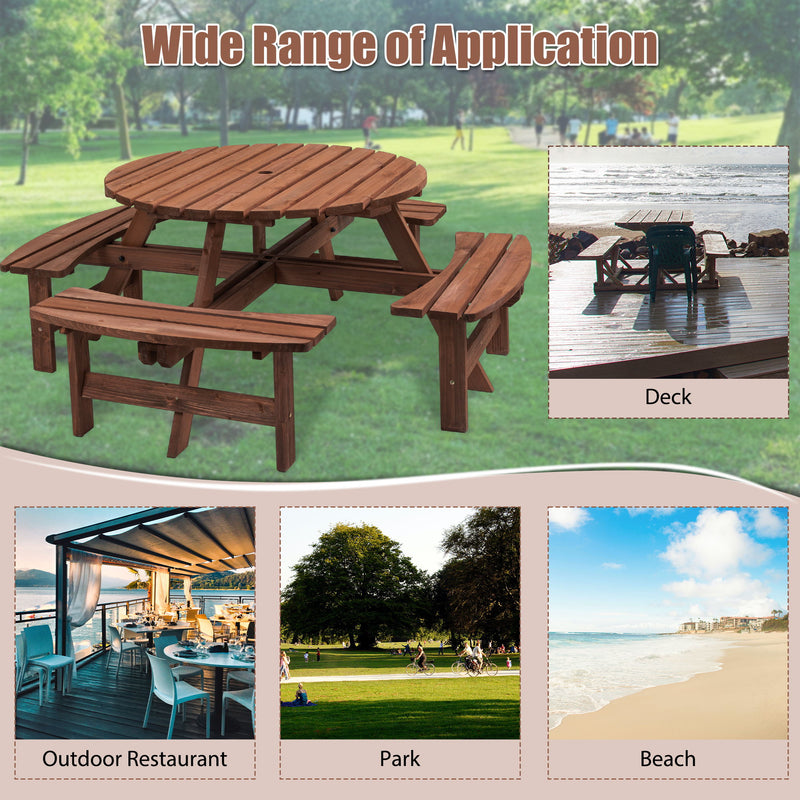 8 Person Wooden Picnic Table, Outdoor Camping Dining Table With Seat, Garden, Diy With 4 Built-In Benches, 2220Lb Capacity