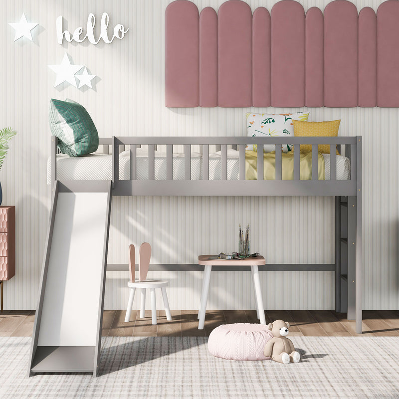 Twin Size Low Loft Bed with Ladder and Slide, Gray(OLD SKU:WF196418AAE)