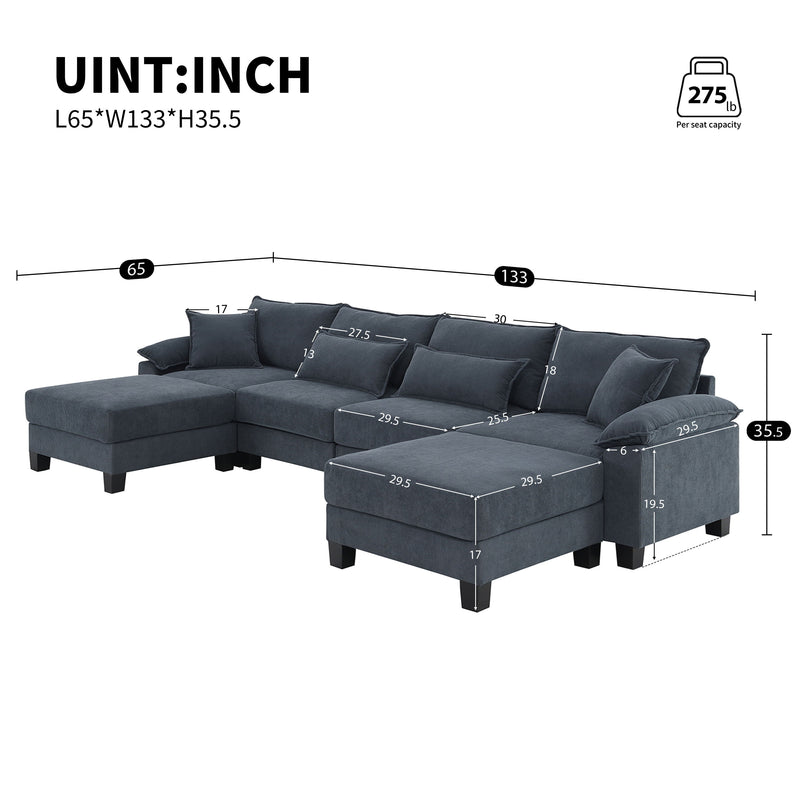 Corduroy Modular Sectional Sofa, U Shaped Couch With Armrest Bags, 6 Seat Freely Combinable Sofa Bed, Comfortable And Spacious Indoor Furniture For Living Room - Gray