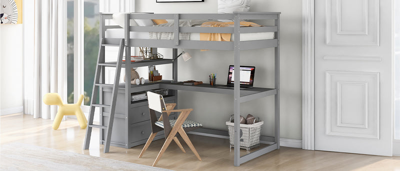 Twin Size Loft Bed with Desk and Shelves, Two Built-in Drawers, Gray(old SKU:GX000803AAE-1)