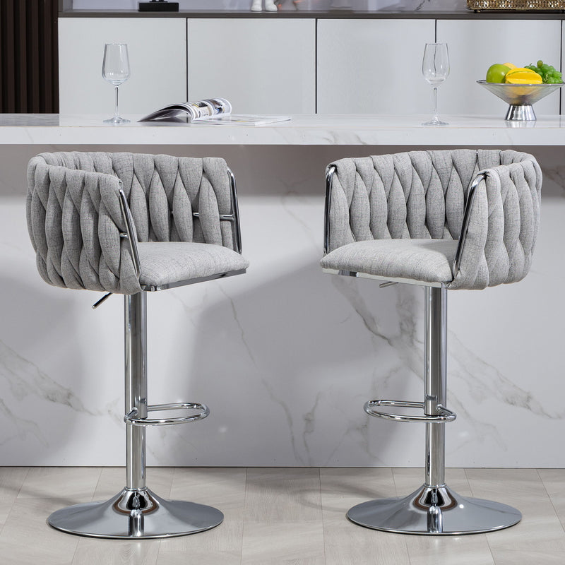 360 Degree Swivel Bar Stools Adjustable Counter Height Bar Chairs With Woven Back & Footrest, Silver Chromed Bar Stools For Kitchen Island (Set of 2) - Gray