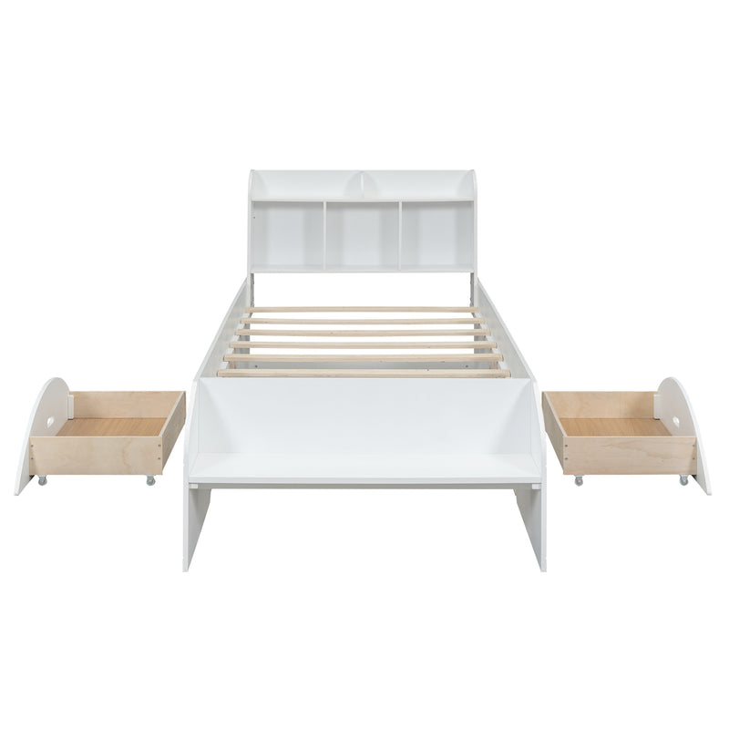 Wood Twin Size Platform Bed with 2 Drawers, Storage  Headboard and Footboard, White