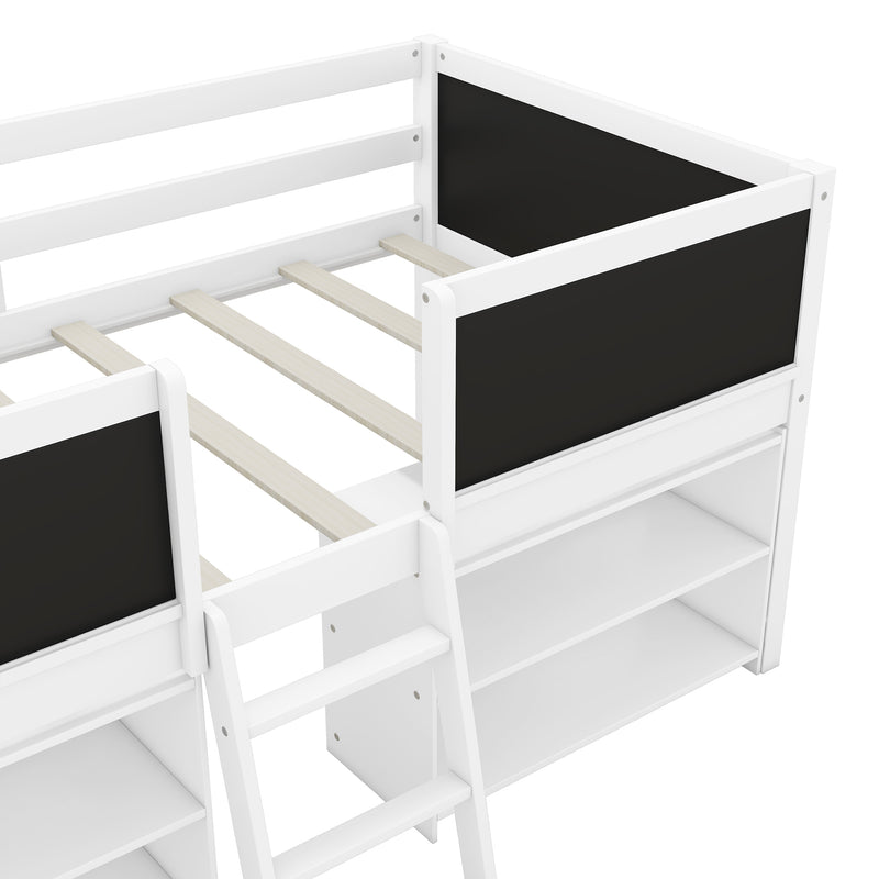 Twin Size Low Loft Bed with Two Movable Shelves and Ladder,with Decorative Guardrail Chalkboard,White(Old SKU: WF283286AAK)