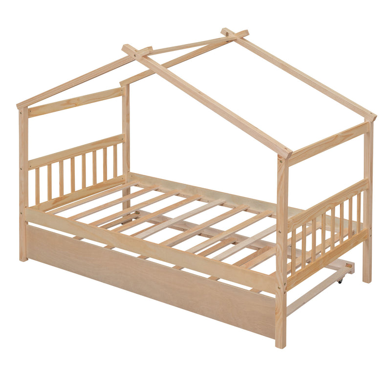 Twin Size Wooden House Bed With Twin Size Trundle - Natural