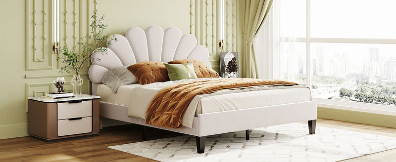 Queen Size Upholstered Platform Bed With Flower Pattern Velvet Headboard - Beige