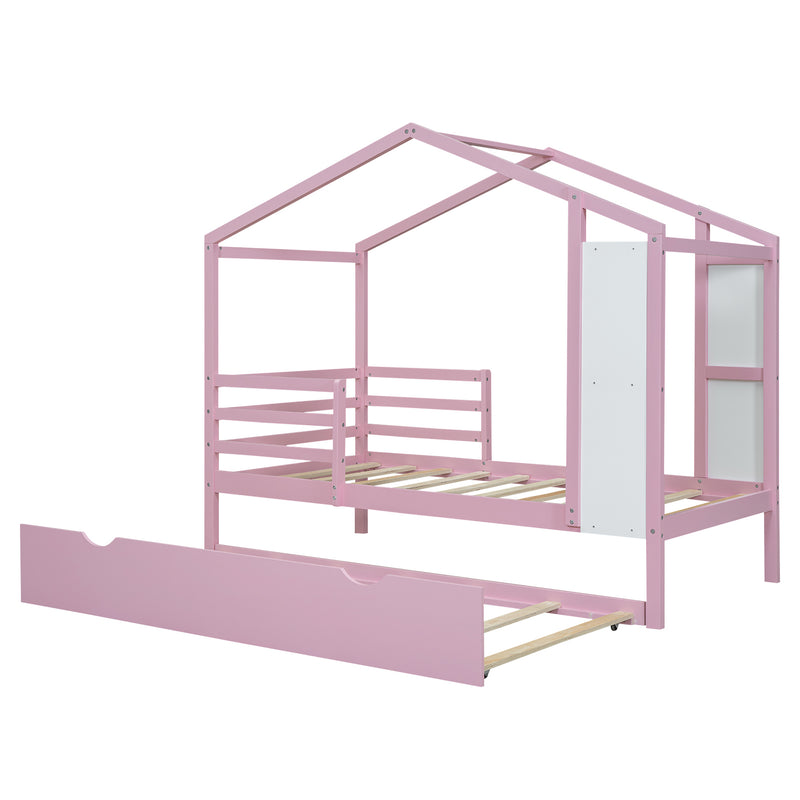 Twin Size Wood House Bed with Fence and Writing Board,Pink