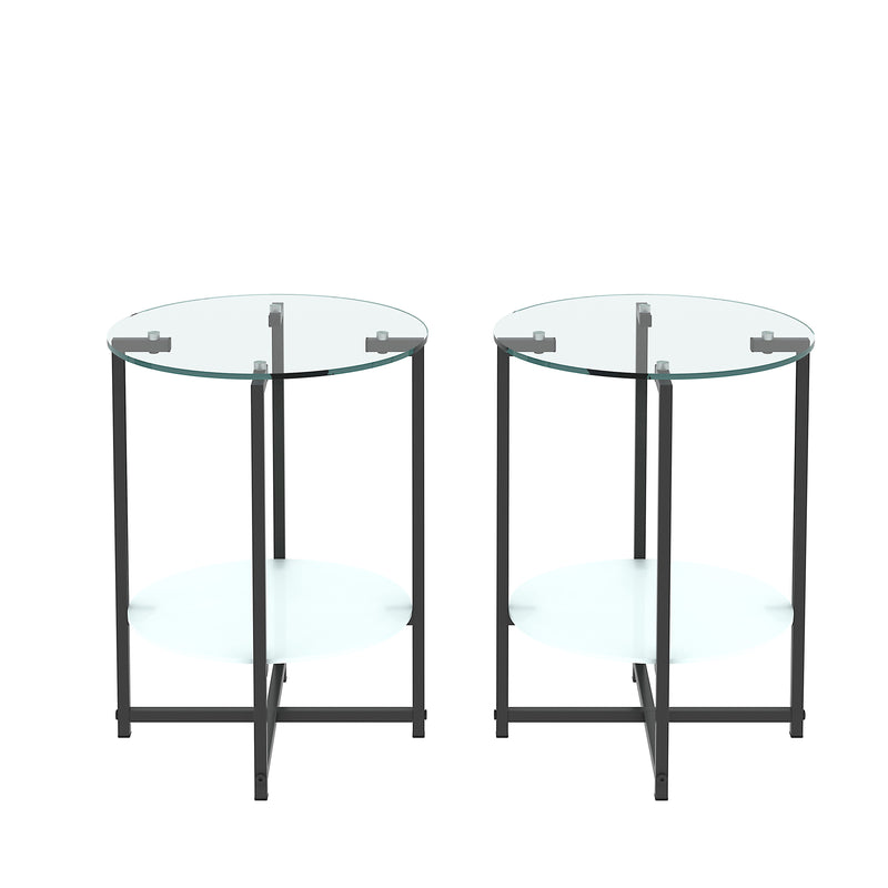 Jws-W241 Tempered Glass End Table (Set of 2) , Round Coffee Table For Bedroom Living Room Office - Black