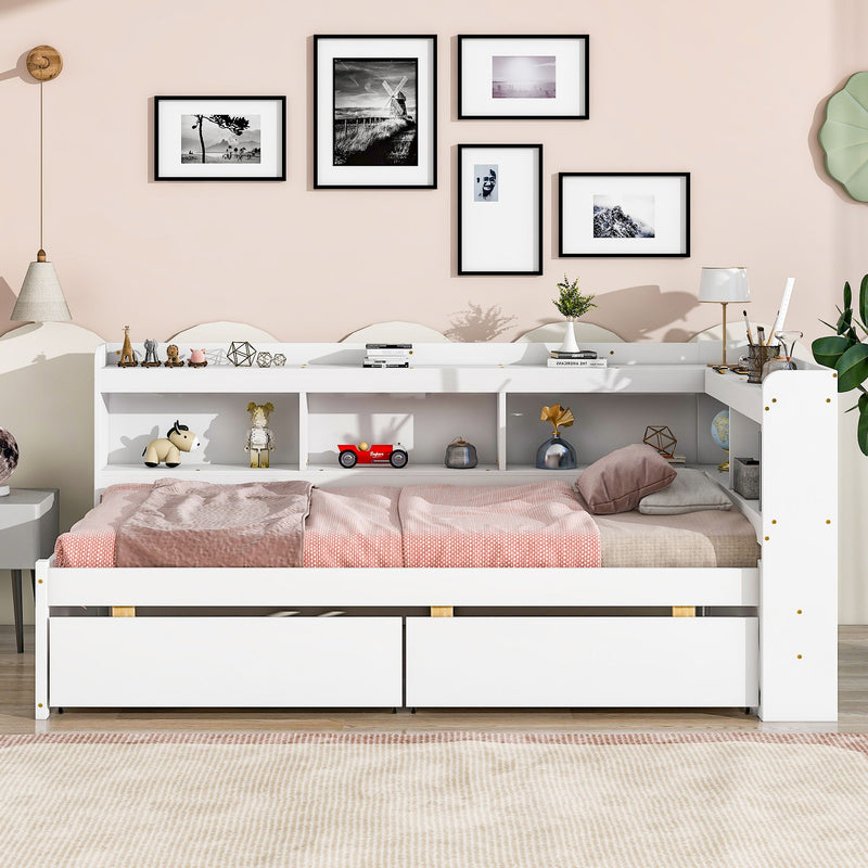 Twin Bed With L-Shaped Bookcases, Drawers - White