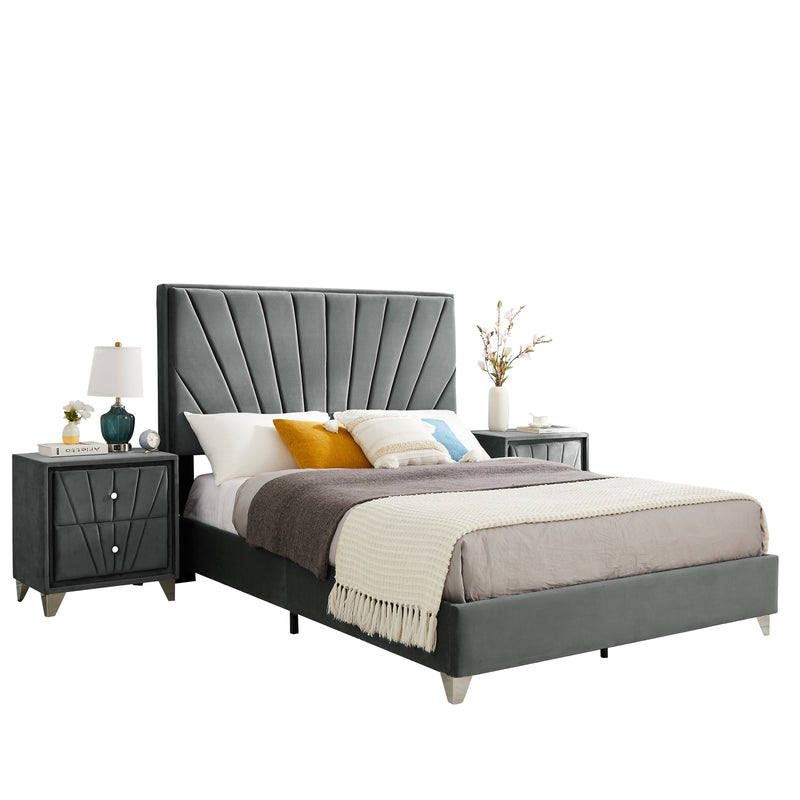 B108 Queen bed with one nightstand, Beautiful line stripe cushion headboard , strong wooden slats + metal legs with Electroplate