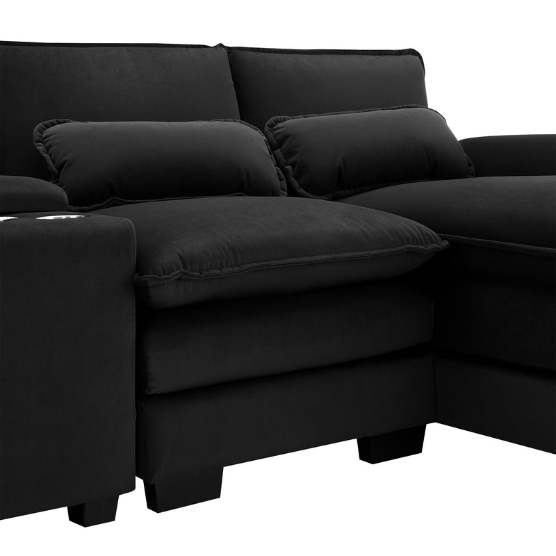 Modern U-Shaped Sofa With Console, Cupholders And USB Ports, 6 Seat Upholstered Symmetrical Indoor Furniture, Sleeper Couch Set With Chaise For Living Room