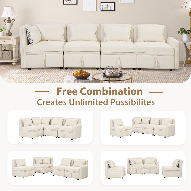 122.8" Convertible Modular Minimalist Sofa Free Combination 4 Seater Sofa Chenille Fabric Sectional sofa with 5 Pillows for Living Room, Office, Apartment, Small Space, Cream